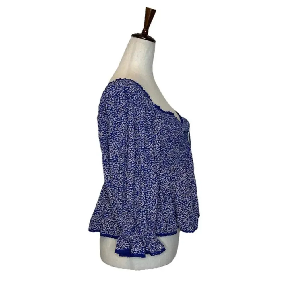 Free People Britnee Floral Cropped Peplum Smocked Puff Sleeve Top M Blue White - Picture 7 of 9